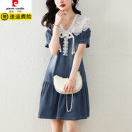 皮爾卡丹（pierre cardin）蕾絲短袖拼接牛仔裙子女夏2025年新款時(shí)髦洋氣寬松大碼顯瘦連衣裙 圖片色19 3XL 建議150-165斤