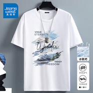 真維斯（Jeanswest）冰絲t恤男短袖夏季冰感運動速干衣服青年男士絲光棉寬松大碼半袖 白色(大山雪露營) XL (180) (不起球不掉色)