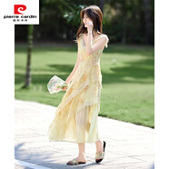 皮爾卡丹2025年夏季新款歐若風(fēng)爛漫假日印花裙甜美淑女蕾絲拼接網(wǎng)紗吊帶裙 落日黃 S