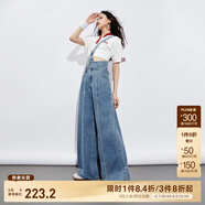 ONLY夏季時尚高腰闊腿顯瘦背帶長褲牛仔褲女|12427M002 J33 350水洗牛仔藍 S (160) 64A