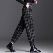 俞兆林（YUZHAOLIN）毛呢格哈倫褲女2025秋冬新款款寬松顯瘦高腰褲加厚保暖休閑哈倫腳 黑白格子A012 M 27建議85-105斤