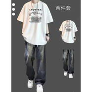 珂梵圖創(chuàng  )衿渠夏季潮流純棉短袖休閑套裝男生T恤高街搭配牛仔褲帥氣兩件 白色上衣+藍色牛仔褲 M 均碼