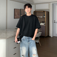 HUALUNDESIGN夏季重磅短袖男t恤2025新款男裝純色上衣韓版寬松簡(jiǎn)約體恤 黑色 M