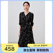 敦奴（DUNNU）dunnu敦奴2024夏季新款V領(lǐng)抽褶五分袖顯瘦印花連衣裙女 正黑色 XL