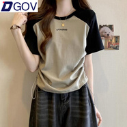 DGOV正肩短袖t恤女2025新款夏季設(shè)計(jì)感小眾收腰抽繩顯瘦插肩短款上衣 軍綠色撞黑色 M 建議86-105斤