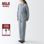 無印良品 MUJI 女式無側(cè)縫雙層紗織睡衣純棉全棉 FDA20C1A 女士家居服套裝 藏青色格紋 S-M