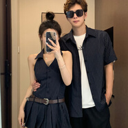 2025夏季情侶裝夏裝一男一女套裝條紋吊帶連衣裙短袖襯衫一衣一裙 男襯衫 2XL