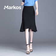 Markos魚(yú)尾短裙女士半身裙夏碎花包裙高腰顯瘦一步裙大碼小個(gè)子印花半裙 黑色 M 腰圍2尺