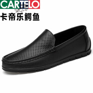 卡帝樂鱷魚（CARTELO）男鞋春夏季男士休閑皮鞋軟面商務(wù)休閑鞋軟底懶人豆豆鞋鏤空皮涼鞋 9975黑色 36