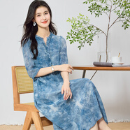 金菊雙縐19姆米桑蠶絲100%真絲連衣裙女夏季新款花邊收腰中袖大版裙子