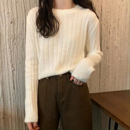 溥畔韓國短款氣質(zhì)毛衣女小個(gè)子加厚長袖百搭打底衫針織上衣潮純色圓領(lǐng) 杏色 S 【建議75斤-90斤】