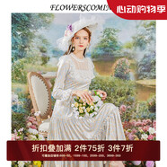flowerscoming花兒開了2024春季新款復(fù)古蕾絲刺繡絲絨印花連衣裙女中長款公主裙 藍色 S