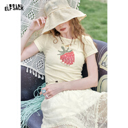 妖精的口袋【嘻嘻不嘻嘻】波嬉風(fēng)白色連衣裙女25年夏季新款t恤半身裙套裝裙 草莓奶黃色（上衣） 修身版 S