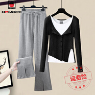 AEMAPE休閑褲女2025春夏季新款時尚單套裝開叉女裝氣質(zhì)休閑顯瘦百搭洋氣 黑色上衣+灰色褲子 常規(guī) XL _建議120-135斤
