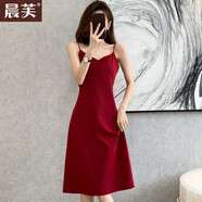 晨芙性感V領(lǐng)吊帶連衣裙女夏季時(shí)尚小個(gè)子氣質(zhì)無(wú)袖打底外穿內搭職業(yè)裙 L16紅色連衣裙單件 M 建議90-100斤