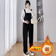 依鎏衣品秋冬純棉燈芯絨孕婦裝背帶褲可調(diào)節(jié)加絨加厚保暖吊帶長褲毛衣套裝 黑色（加絨）單件背帶褲 請拍自己對應(yīng)的碼數(shù)