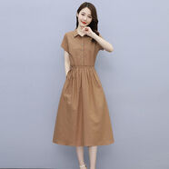 純棉連衣裙短袖女裝2025夏季新款寬松抽繩收腰遮肚子純色氣質(zhì)裙子 焦糖色 3XL 【135-145斤】