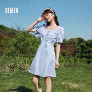 Semir森馬連衣裙女泡泡袖方領(lǐng)少女感夏季純色純棉短裙溫柔甜美 冰藍(lán)80900 S