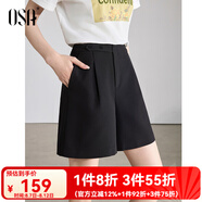 歐莎（OSA）短褲女夏季25年新款高腰直筒闊腿褲休閑五分褲薄款休閑短褲 黑色A XS