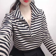 FHHUABD歐貨20256新款春秋體恤衫歐貨衫寬松條紋中袖恤女翻領(lǐng)上衣 米黑條長(zhǎng)袖 S  80-100