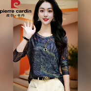 皮爾卡丹長(cháng)袖肌膚網(wǎng)紗內搭打底小衫2025新款時(shí)尚修身顯瘦印花t恤上衣女秋 花色 S 【80-100斤】