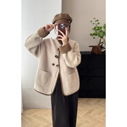 姒漾韓國小香風(fēng)羊羔毛短外套女2025秋冬裝新款大碼寬松顯瘦大口袋上衣 卡其色 S