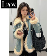 LPOX棉服女美式復(fù)古牛仔外套拼接加厚保暖冬季女設(shè)計感毛毛領(lǐng)棉衣 圖片色（這款暫時無貨） M