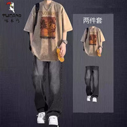 啄木鳥(niǎo)（TUCANO）美式水洗短袖t恤男士夏季套裝痞帥上衣搭配牛仔褲男裝潮流兩件套 卡其色短袖+牛仔褲灰色 2件套 2XL 【140-160斤】