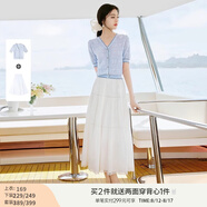 香影v領(lǐng)薄款針織衫女短袖2025夏裝新款藍(lán)色正肩t恤提花蝴蝶結(jié)上衣 套裝4 藍(lán)色毛衫＋半身裙套裝 S 155/80A/85-95斤