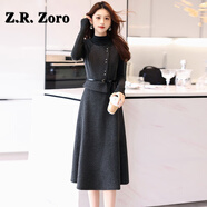 Z.R.Zoro奢侈品連衣裙女2025秋季新款時(shí)尚氣質(zhì)裙毛呢背心連衣裙兩件套女裝 灰色 （背心裙+打底衫 兩件套） M