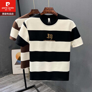 皮爾卡丹（pierre cardin）黑白條紋T恤男夏季ins潮牌刺繡半袖體恤2025新款男裝上衣潮流短袖 黑色 XL