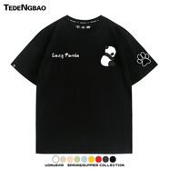 特登堡可愛(ài)卡通熊貓圖案聯(lián)名情侶裝短袖上衣服夏季純棉半袖休閑男 黑色4 XXL