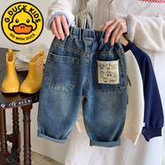 G.DUCKKIDS兒童牛仔褲加絨加厚柔軟2024新款韓國男童女童寶寶一體絨休閑褲潮 灰藍色（后貼兜牛仔單褲） 90 建議身高80-90cm2-3歲