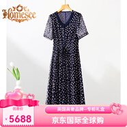 Homesee輕奢國際高檔品牌連衣裙黑色碎花女桑蠶絲連身裙顯瘦減齡媽媽長裙 深藍色 M 建議110斤以下
