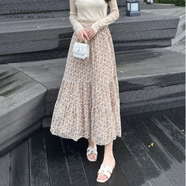 哥弟（GIRDEAR）女裝裙子百搭顯瘦高腰中長裙法式時尚氣質(zhì)百褶半身裙1200355 杏色碎花 S