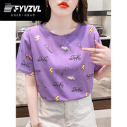 FYVZVL正肩棉t恤夏季女裝2025寬松白色半袖體恤上衣夏裝ins潮 236紫色 S 建議80-95斤