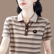 條紋短袖t恤女寬松夏季新款高端純棉Polo衫帶領(lǐng)減齡媽媽休閑上衣 【卡其色】 L 【推薦95-105斤】
