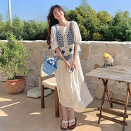 AEMAPE民族風(fēng)菱格流蘇針織勾花馬甲連衣裙套裝女夏季森系復(fù)古減齡兩件套 白色套裝 L _建議105-118斤
