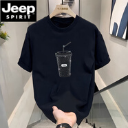 JEEP SPIRIT2025抖音半袖休閑青春男女短袖t恤夏季重工燙鉆體恤百搭上衣T 黑色 4XL 175-190斤