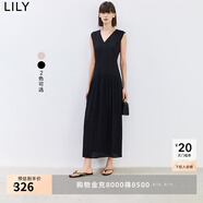 LILY夏新款女裝設(shè)計(jì)感學(xué)院風(fēng)百褶氣質(zhì)V領(lǐng)通勤長(zhǎng)款高腰連衣裙 510黑 XL