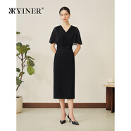 YINER音兒【醋酸系列】2025秋季新款法式小黑裙雪紡荷葉袖連衣裙 黑色 S 36