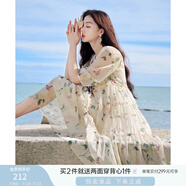香影（xiangying）碎花連衣裙女2025年夏季新款系帶木耳邊仙氣海邊飄逸寬松裙子 米色 S