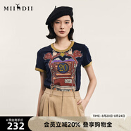 謎底圓領(lǐng)印花T恤女夏季新品復古特色撞色修身上衣242MT0585 深藍 S