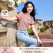 香影條紋t恤女短袖2025夏裝新款顯瘦寬松正肩泡泡袖紅色方領上衣 紅色 X832123  XL