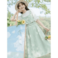歐芙詩（OUFUSHI）小清新森系裙子背帶裙套裝12歲大童15初中學(xué)生13少女甜美連衣裙夏 綠色套裝 S (【建議70-90斤】)