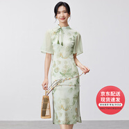凡琴國(guó)風(fēng)新中式連衣裙女領(lǐng)口蝴蝶結(jié)開(kāi)衩荷葉袖改良旗袍 淺綠花色 XL 