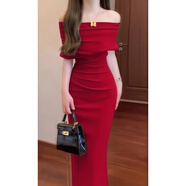 GARNUO紅色一字肩斜肩連衣裙子女夏季法式訂婚禮服敬酒服收腰包臀裙長(cháng)裙 紅色 S 【80-100斤】