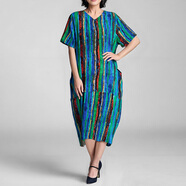 Mapping香港輕奢女裝大牌復古V領(lǐng)條紋印花短袖連衣裙女寬松顯瘦大碼裙子 圖片色 【現貨可退換】 XL