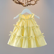 女童洋裝夏裝2025新款洋派小女孩公主裙小童吊帶裙夏季兒童裙子 滿(mǎn)身絲帶黃色 73 cm