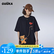 古由卡（GUUKA）潮牌短袖t恤男士打底衫夏季男裝新款青少年上衣服寬松五分半截袖 黑色 AGAHO聯(lián)名款F4645 XS